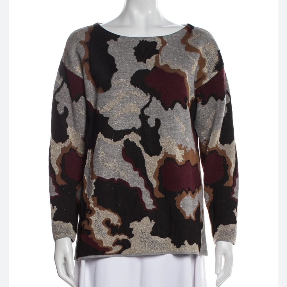 NWT LAFAYETTE 148 Bateau-neck Jacquard Cashmere Sweater In Nickel Multi Size S